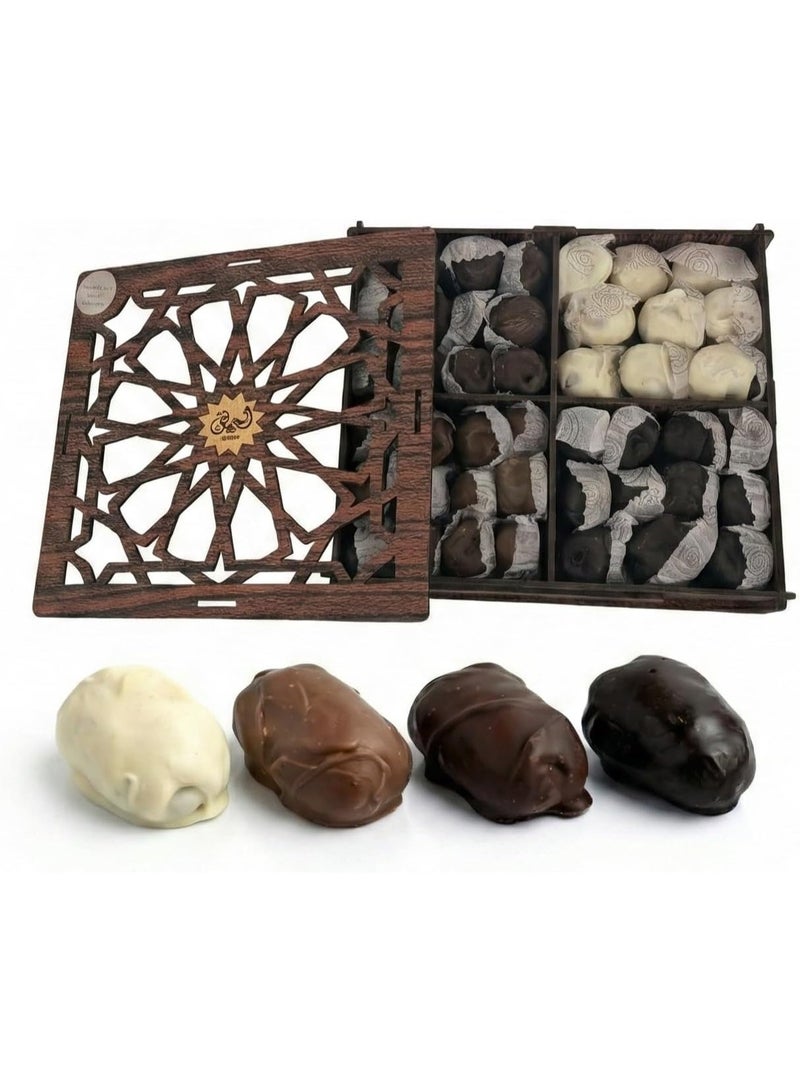 Raheeq Almond-Filled Dates Gift Box Covered with Mixed Chocolate Between 4 Types — Dark, Raw, Milk and White Chocolate — in a Premium Wooden Box - Image 1
